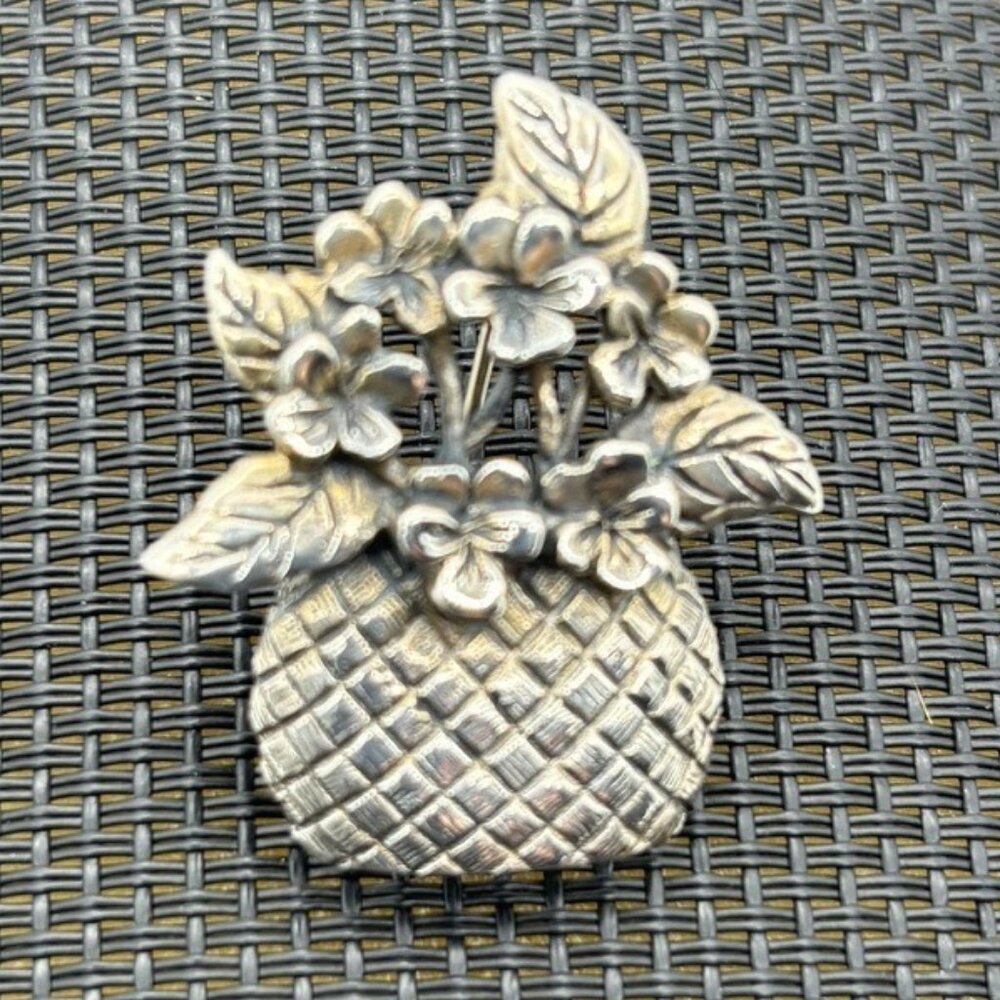 Sterling Silver Basket of Flowers Pin, James.H. Breakell, Newport, R.I., Signed
